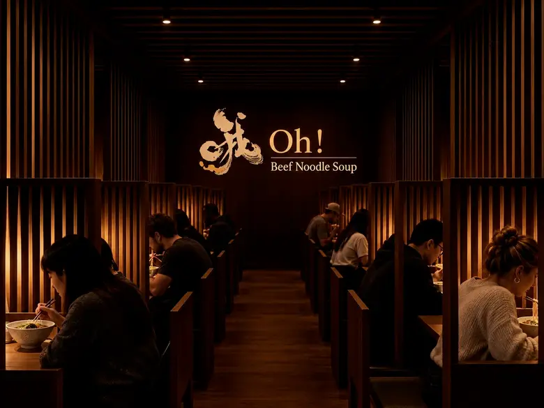 Rows of wooden dining pods inside the restaurant, with guests eating bowls of noodle soup under a backlit Oh! logo.