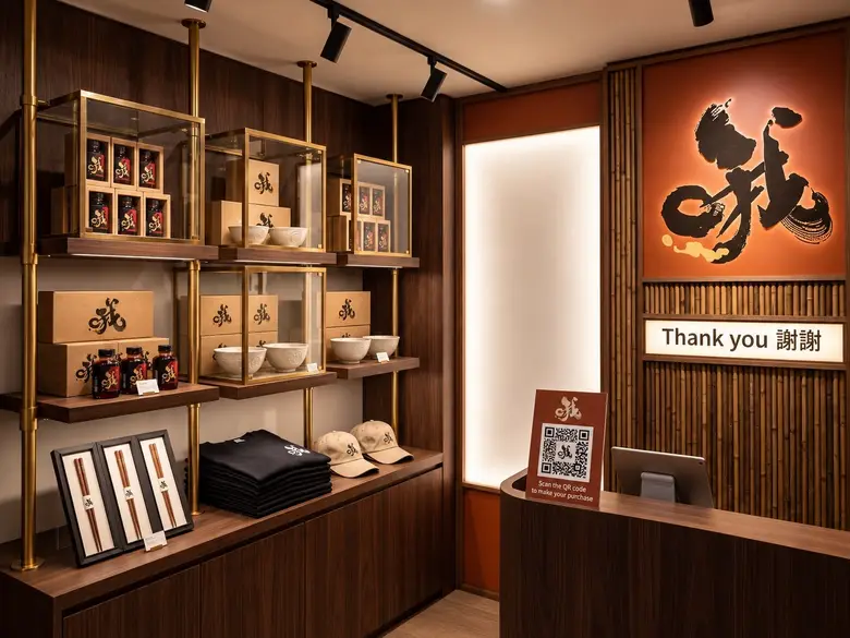Retail shelves inside the restaurant with bottled sauces, boxed gift sets, bowls, chopsticks, shirts, and caps, next to a checkout counter with a QR code sign.